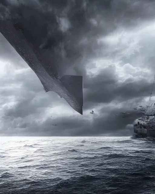 Image similar to establishing shot of a fishing boat on stormy seas, a gigantic star destroyer spaceship flying overhead | the star destroyer spaceship is emerging from storm clouds, stormy weather, dramatic lighting, unreal engine, hyper realism, realistic shading, cinematic composition, realistic render, octane render, detailed textures, photorealistic, ultrawide shot, 1 6 mm lens