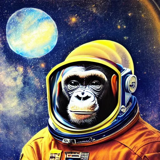 Image similar to double exposure portrait of astronaut and a chimpanzee astronaut with space and time in the the background by davinci, circles, psychedelic, pencil art, high definition, dynamic lighting stars, sharpness, golden ratio