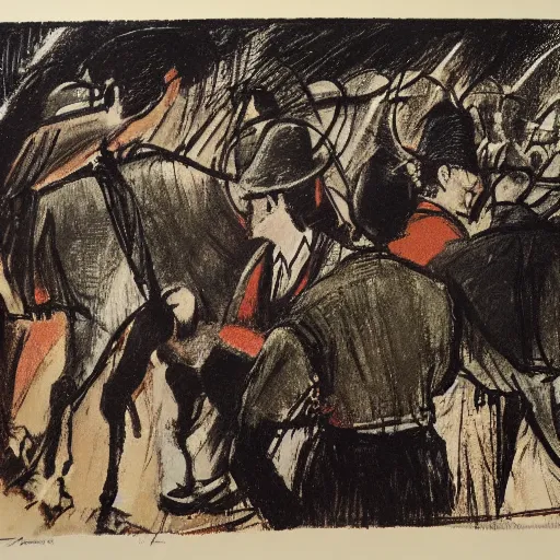 Image similar to by norman cornish extemporaneous, dignified. a print of a bullfight in spain. the print is set in an arena with spectators in the stands. several figures in the print, including a matador & a bull.