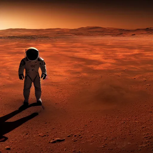 Image similar to elon musk standing on the surface on mars in a spacesuit, dramatic lighting, cinematic, wide shot, 4 k, hd, sharpdetails