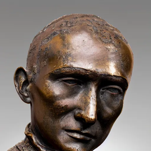 Prompt: detailed photo of an old bronze patina statue of a khamzat chimaev bust, intricate detail, museum lighting