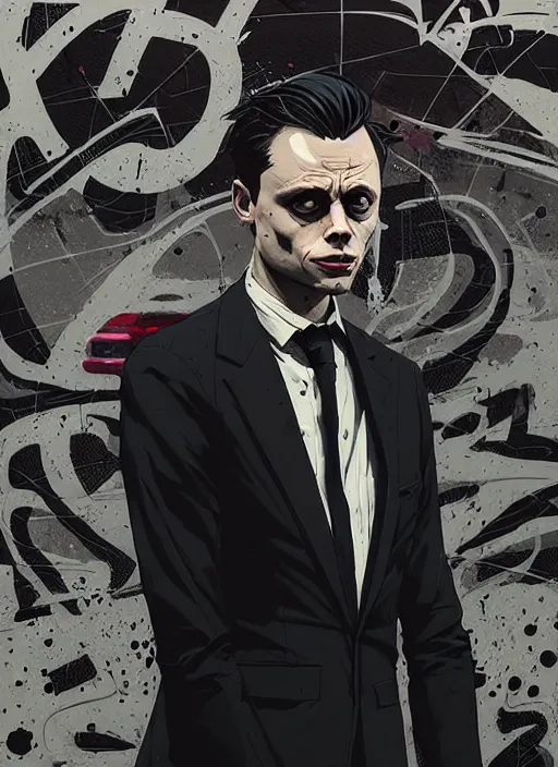 Image similar to highly detailed closeup portrait of sinister martin wallstrom, tyrell wellick mr robot, slick back hair wearing suit by atey ghailan, by greg rutkowski, by greg tocchini, by james gilleard, by joe fenton, by kaethe butcher, gradient blue, black and white only color scheme, grunge aesthetic!!! ( ( graffiti tag wall background ) )