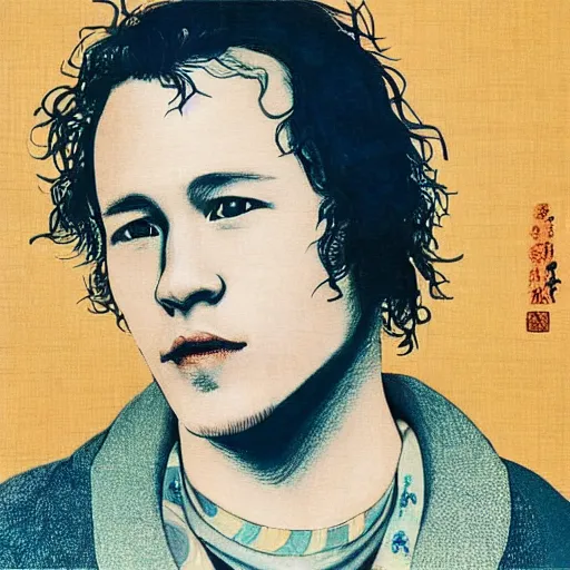 Image similar to “ heath ledger portrait by ikenaga yasunari and ayana otake and ko rakusui, 6 0 s poster, drawing, realistic, sharp focus, japanese, dreamy, nostalgia, faded, golden hues, floral clothes, porcelain skin ”