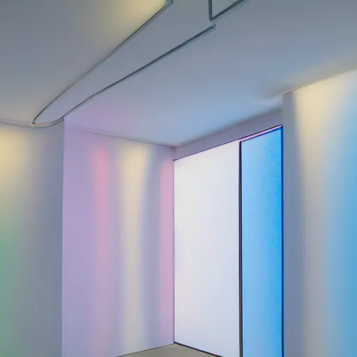 Image similar to an ultra high definition professional studio quality photograph of a transparent iridescent perspex pastel coloured inflatable abstract parachute furniture in an empty white room. dramatic lighting, ray tracing, refraction, shallow d. o. f, colour corrected, golden ratio, three point light. volumetric shadows. god rays.