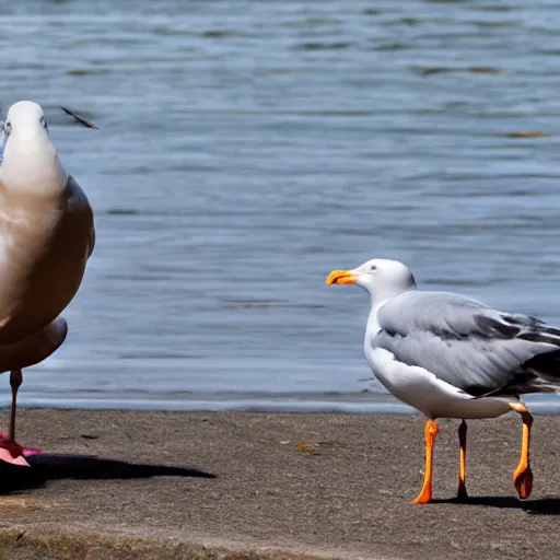 Prompt: a seagull stealing food from a surprised old man