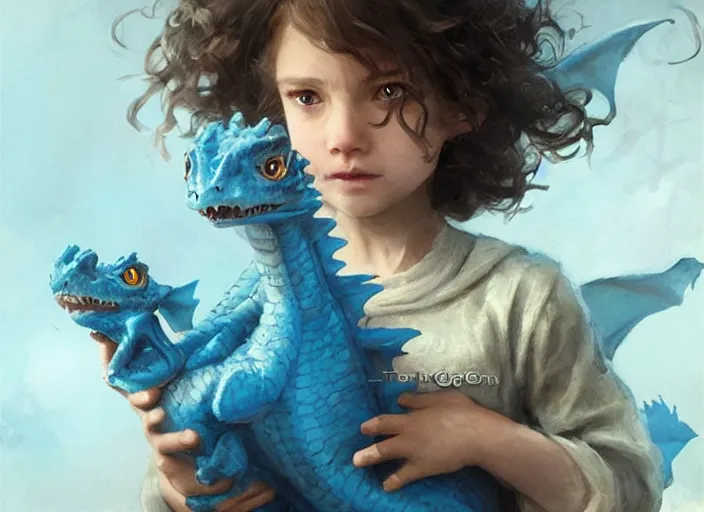 Image similar to a cute little girl with curly brown hair and blue eyes holding a blue baby dragon, beautiful fantasy art by greg rutkowski.