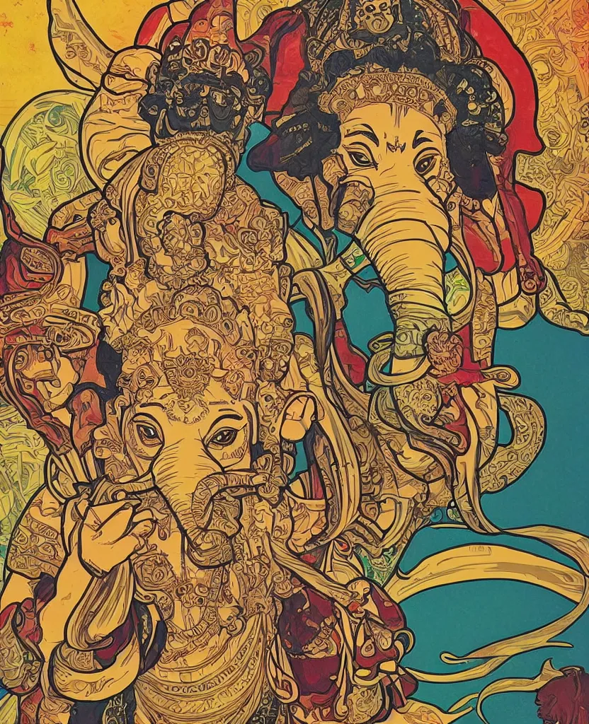 Prompt: ganesha portrait illustration, pop art, splash painting, art by geof darrow, ashley wood, alphonse mucha, makoto shinkai