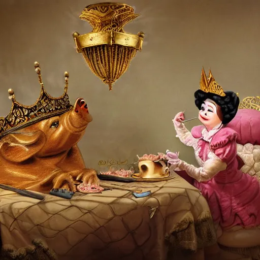 Prompt: pig wearing gold crown eating polish sausage, Realistic, Regal, Refined, Detailed Digital Art, Michael Cheval, Walt Disney (1937), François Boucher, Oil Painting, Steampunk, Highly Detailed, Cinematic Lighting, Unreal Engine, 8k