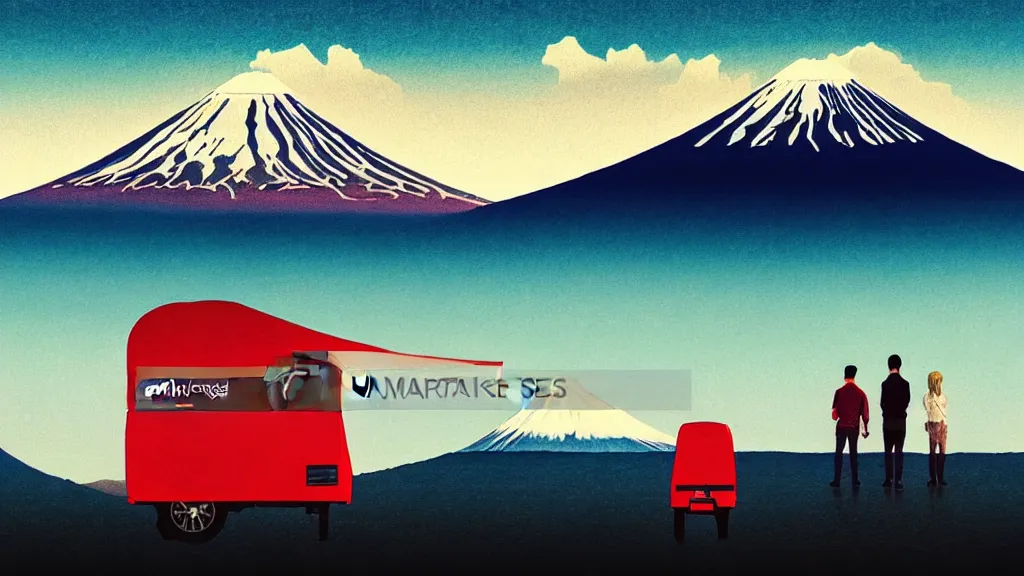 Image similar to a scene of two travellers and their camper touring overlook at the edge of yamanaka lake, reflecting mount fuji and a dramatic sky, japan, a collage painting, in the style of wes anderson, lola dupre, david hockney, isolated on negative white space background dark monochrome neon spraypaint accents volumetric octane render