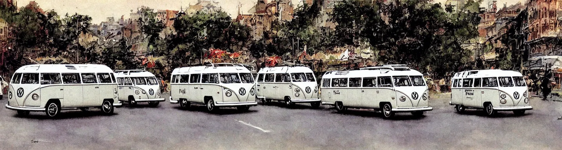 Prompt: a detailed vw buses racing in the street by frank frazetta