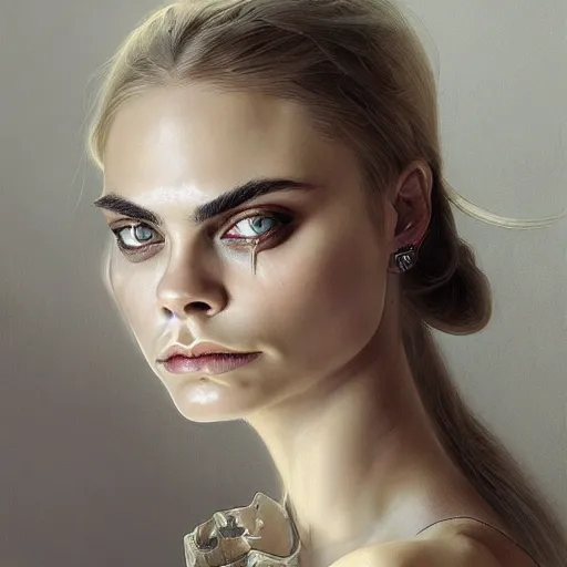 Image similar to Cara Delevigne , intricate, elegant, highly detailed, digital painting, artstation, HR GIGER, Hieronymus Bosch, Francis Bacon, concept art, smooth, sharp focus, illustration, art by artgerm and greg rutkowski and alphonse mucha