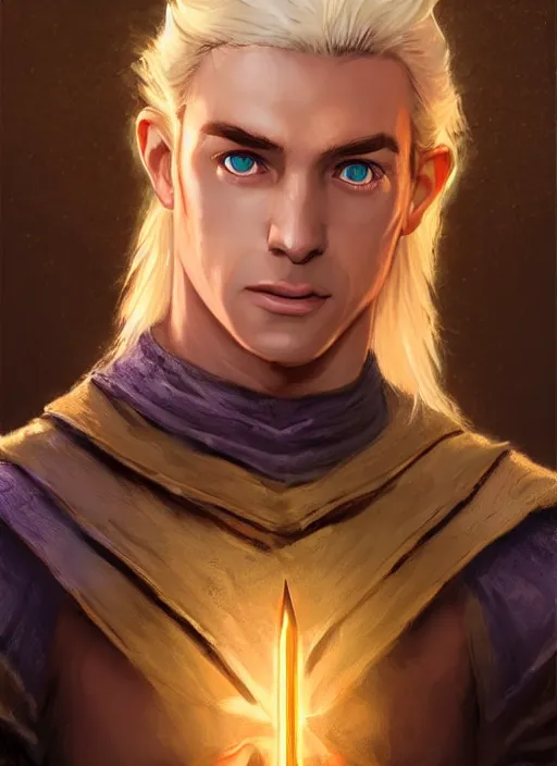 Image similar to male priest blonde parted hair healer, dndbeyond, bright, colourful, realistic, dnd character portrait, full body, pathfinder, pinterest, art by ralph horsley, dnd, rpg, lotr game design fanart by concept art, behance hd, artstation, deviantart, global illumination radiating a glowing aura global illumination ray tracing hdr render in unreal engine 5