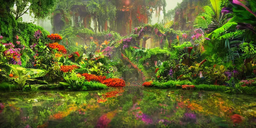 Image similar to An alien jungle, colorful flowers, pathway, reflection, rain, morning light, photorealistic, realistic, depth of field, temple ruins, high definition, soft light, high definition, detailed, 8k, artstation