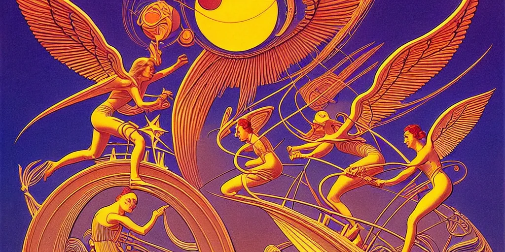 Image similar to ♈ ☀️ 👩🏽‍🦱✨👼🏽; retro vintage art, symmetrical,2d matte illustration, Stanisław Szukalski + Moebius,