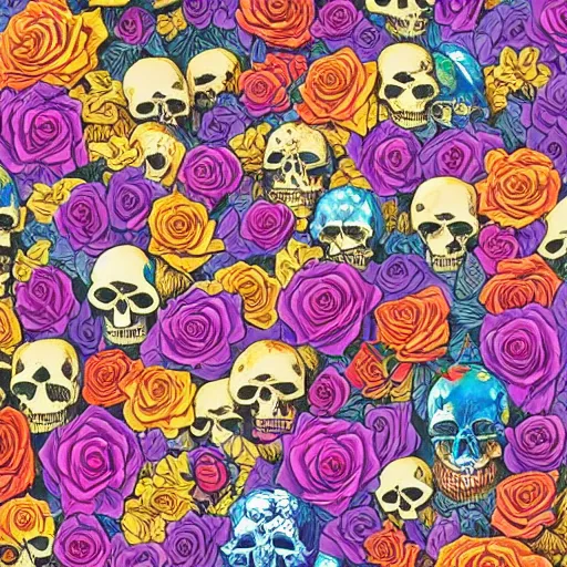 Image similar to ortographic view of large skulls and vivid roses by Jen Bartel and Dan Mumford and Satoshi Kon, gouache illustration, pastel colors-C 10