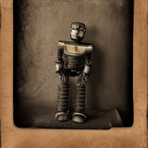 Image similar to humanoid robot, advanced humanoid robots, sleek robot, in log cabin living room, tintype photograph