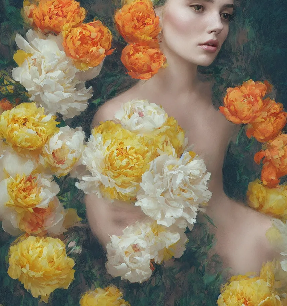 Prompt: beautiful hairpiece made of yellow, cream, light orange and ivory flowers, peonies, illustration by james jean and jeremy lipking, pastel colors,