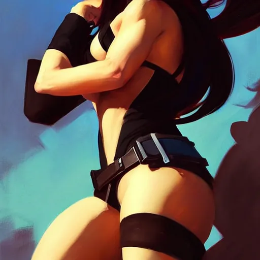 Image similar to Greg Manchess portrait painting o Tifa Lockheart as Overwatch character, medium shot, asymmetrical, profile picture, Organic Painting, sunny day, Matte Painting, bold shapes, hard edges, street art, trending on artstation, by Huang Guangjian and Gil Elvgren and Sachin Teng