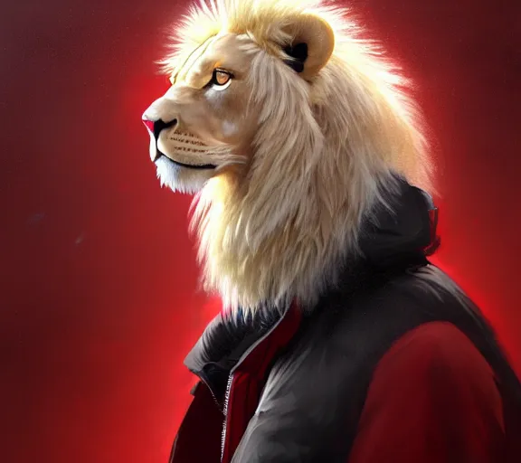 Prompt: commission portrait of a male anthro albino lion wearing a red-black puffer jacket.dramatic,character design by charles bowater,greg rutkowski,ross tran,hyperdetailed,hyperrealistic,4k,deviantart,artstation,professional photography,concept art