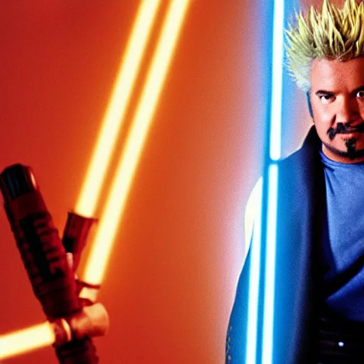 Prompt: Guy Fieri in Star Wars, Jedi Knight, blue light saber, desaturated!!!!, cinematic, cinestill 400t film, 35mm lens, by Stanly Kubrick, ultra high quality