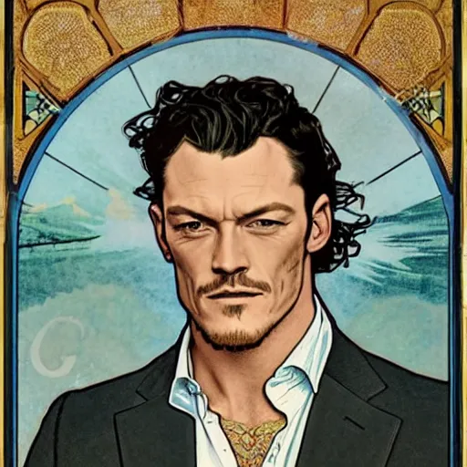 Image similar to luke evans portrait by louis - theophile hingre and alphonse mucha, realistic, sharp focus, zodiac signs, tarot cards, planets, ethereal, art nouveau, magic, moon, sun, crown, dreamy, royal, jewellery