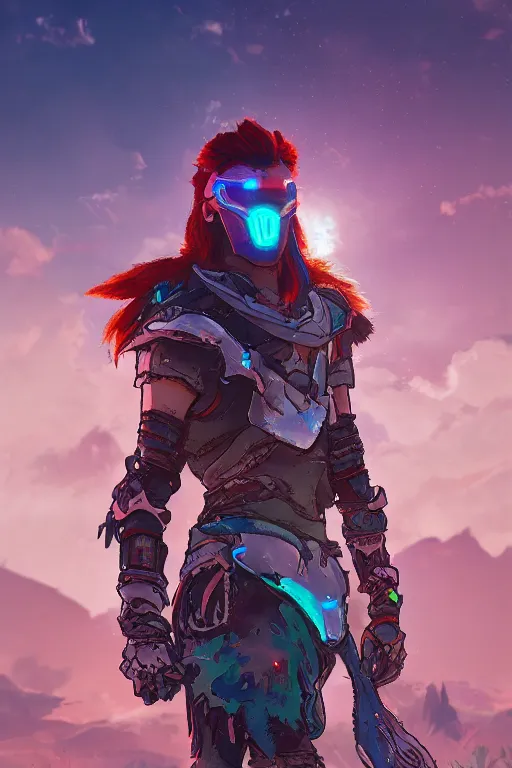 Image similar to combination suit armor aloy horizon forbidden west horizon zero dawn radiating a glowing aura global illumination ray tracing hdr fanart arstation by ian pesty and alena aenami artworks in 4 k tribal robot ninja mask helmet backpack