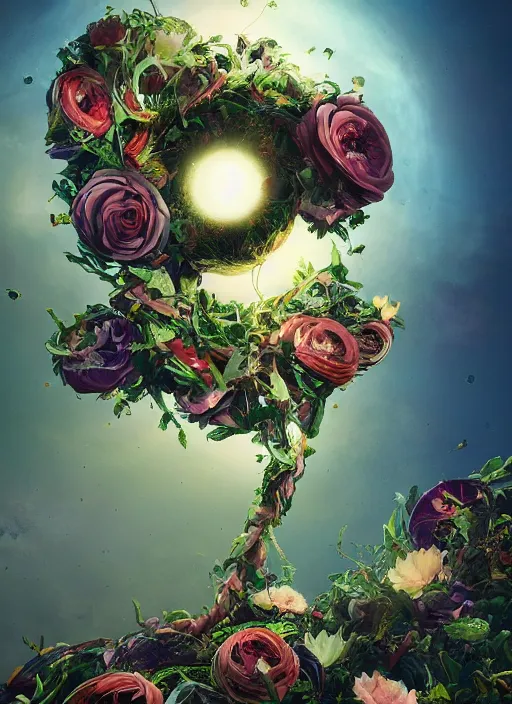 Image similar to An epic fantastic realism comic book style painting of the most beautiful spiraling entwined flowers launched exquisitely across the dark spinning universe, floating bouquets, exploding sun, fisheye lens, unreal 5, DAZ, hyperrealistic, octane render, dynamic lighting