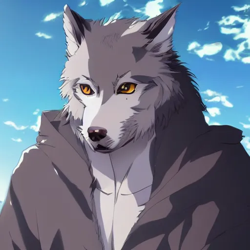 Image similar to key anime visual portrait of an anthropomorphic male wolf furry fursona, handsome eyes, official anime concept anime art