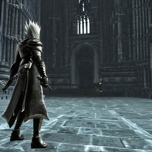 Prompt: confused Alucard wandering in Anor Londo