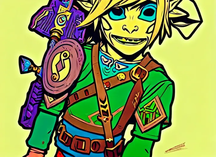 Image similar to majoras mask link!! from the legend of zelda!! portrait illustration, pop art, splash painting, art by geof darrow, ashley wood, alphonse mucha, makoto shinkai