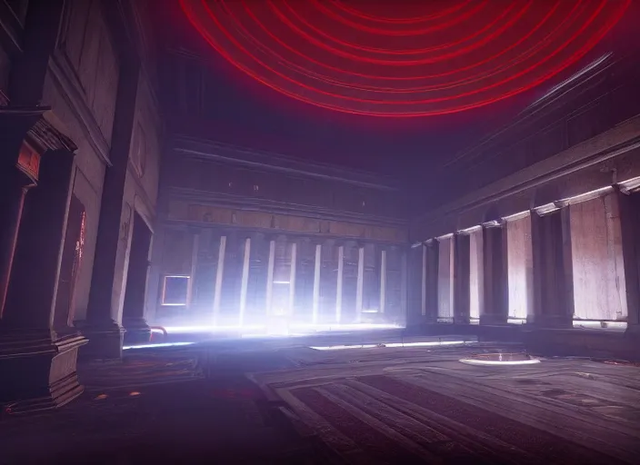 Image similar to ancient european court building with red shafts of light in destiny 2, foggy, liminal, dark, dystopian, beautiful architecture, abandoned, highly detailed 4 k 6 0 fps in - game destiny 2 gameplay screenshot leak