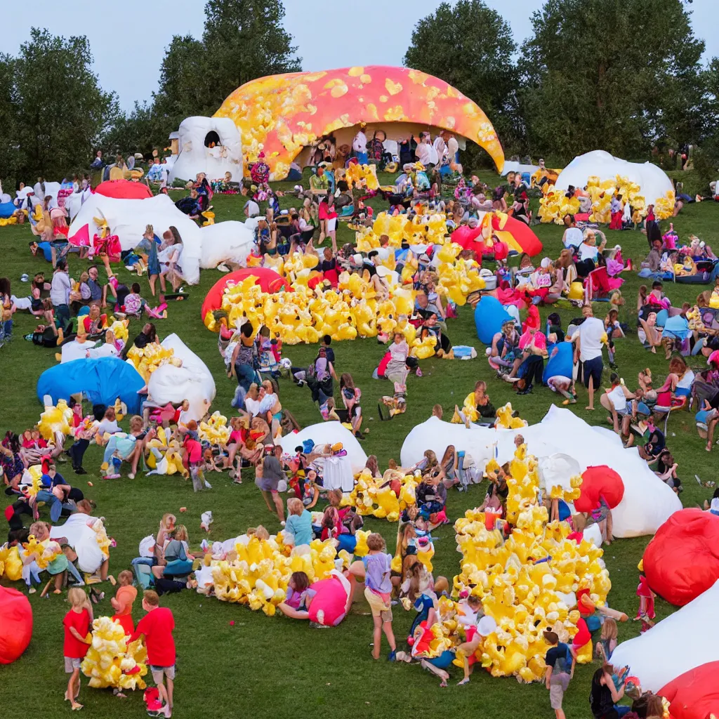 Image similar to festival theme camp called the poppin'kernels, with giant popcorn and movie projector outdoors at dusk