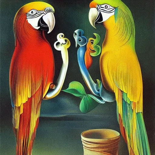 Prompt: A picture of happy parrots with big ears, painted by salvador dali