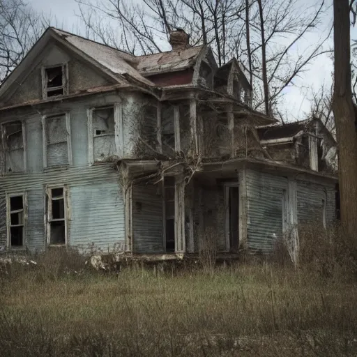 Image similar to VHS still of an abandoned house