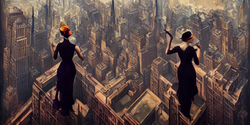 Image similar to a woman standing on a ledge overlooking an axonometric 1920s New York City, by Rolf Armstrong and Evelyn De Morgan and Bastien Lecouffe-Deharme, dramatic lighting, high contrast colors, baroque, empyrean, panoramic view, as trending on Artstation, highly detailed, cryengine,