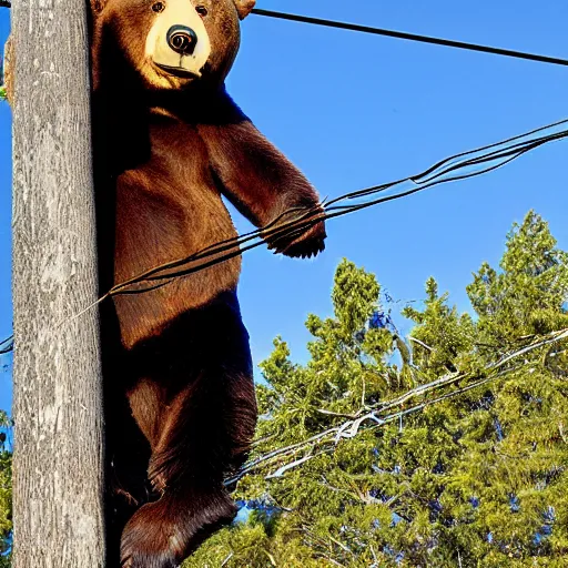 Image similar to the bear sits on a high pole and repairs high-voltage wires. High-resolution photo.