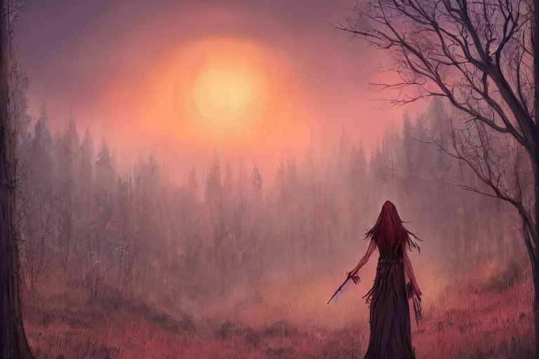 Prompt: a witch standing in an old aspen forest, digital art, illustration, sunset, by wlop, by junji ito, fantasy horror