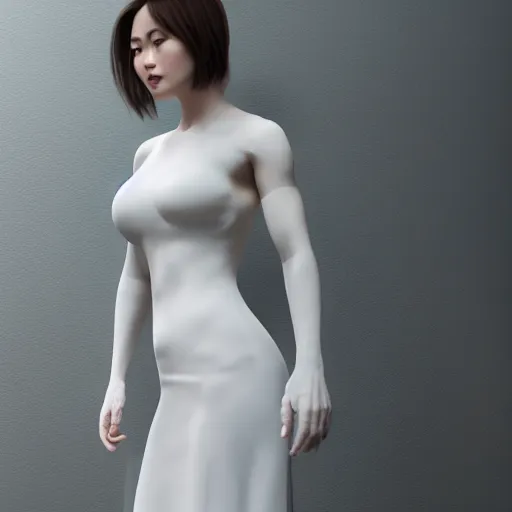 Image similar to muscular oiled woman wearing white ao dai, fat, ultra realistic, concept art, intricate details, highly detailed, photorealistic, octane render, 8 k, unreal engine.