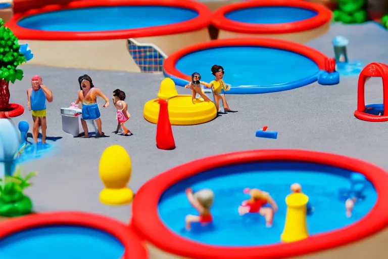 Prompt: fisher price public pool, california scene from tv show hyper detailed 5 5 mm 8 5 mm, toy photography, made out of plastic