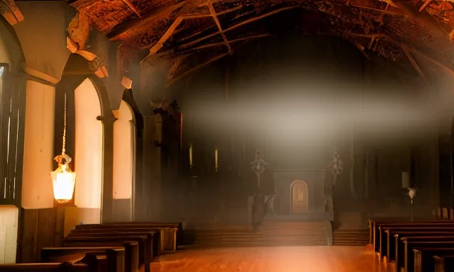 Image similar to a cultist ceremony, cultists with robes and masks, church interior, satanic church interior, the fog. horror lighting, found footage