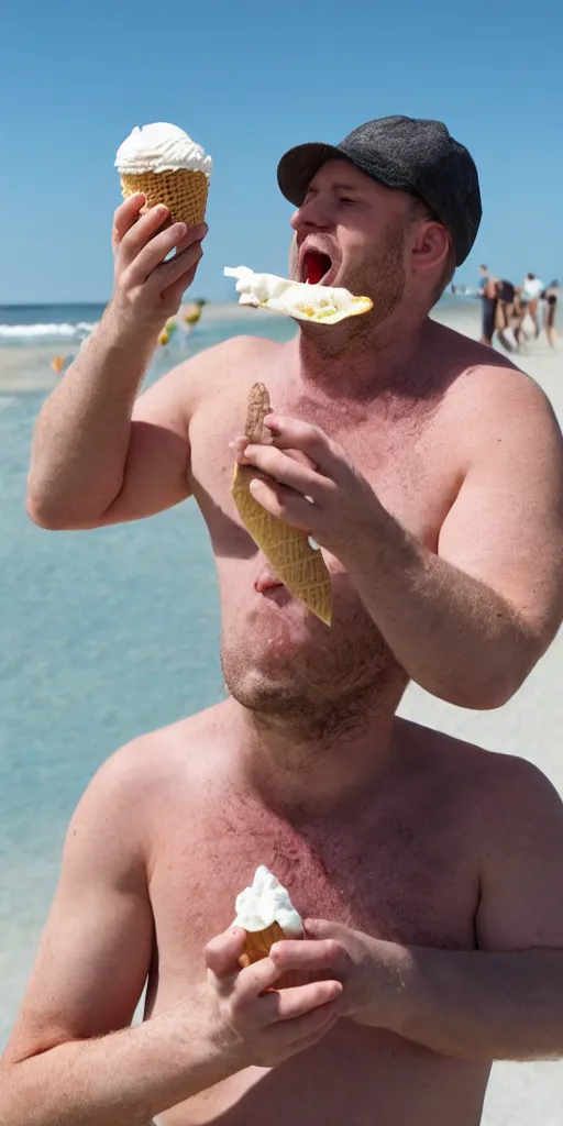 Image similar to a 3 0 year old british man eating ice cream at the beach