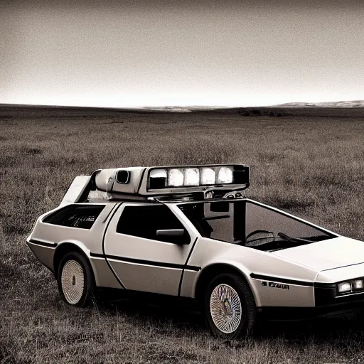 Prompt: a monochromatic sepia photograph of a delorean in a pioneer caravan on the oregon trail, trending on art station,