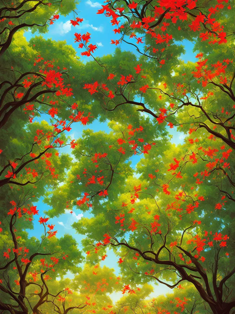 Image similar to a beautiful canopy of leaves and flowers , Digital Matte Illustration by RHADS and asher brown durand