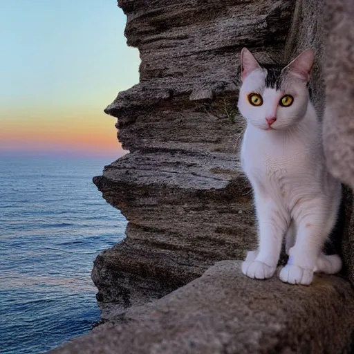 Prompt: a cat watching a sunset over the ocean from the edge of a cliff, dslr photo, camera from behind