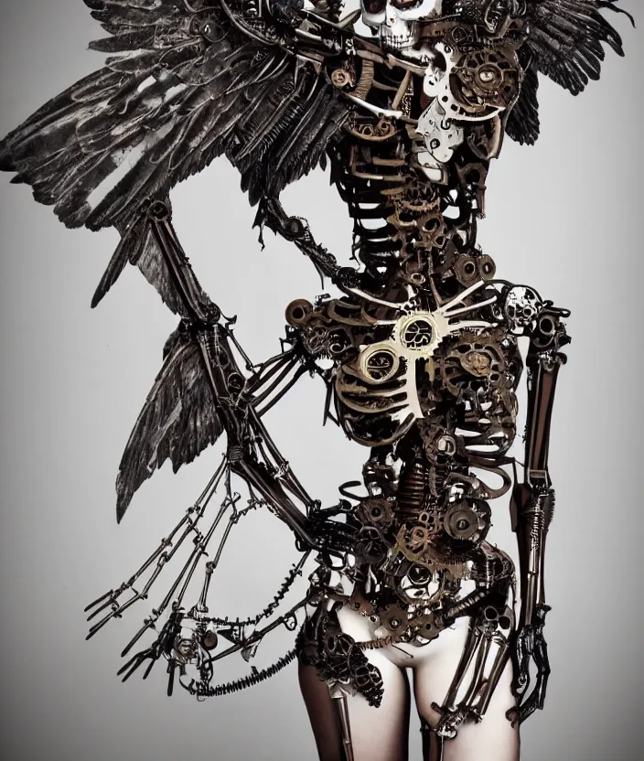 Prompt: Steampunk cyborg skeleton girl with mechanical dark wings ,highly detailded