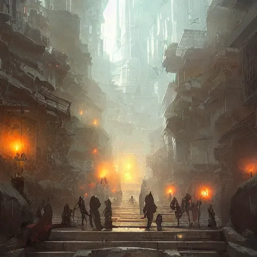 Image similar to walking along the street in ancient atlantis, by greg rutkowski