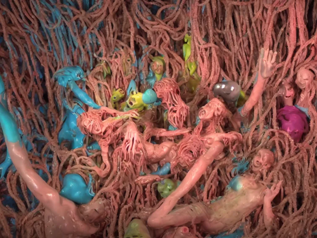 Image similar to still frame from the raft of the medusa as an animatronic schlock body horror comedy film, fun, animatronic figures, Sally Corporation, Garner Holt, play-doh, lurid, vivid colors, neon lights, rubber latex, fleshy, Cronenberg, Rick Baker, dramatic film still, daylight, photo real, wet, slimy, wide angle, rule of thirds, 28mm, 1984, Eastman EXR 50D 5245/7245