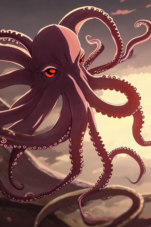 Image similar to key anime visuals of an octopus ninja, fighting with a katana. highly detailed, intricate, directed by makoto shinkai, anime manga style, trending on art station.