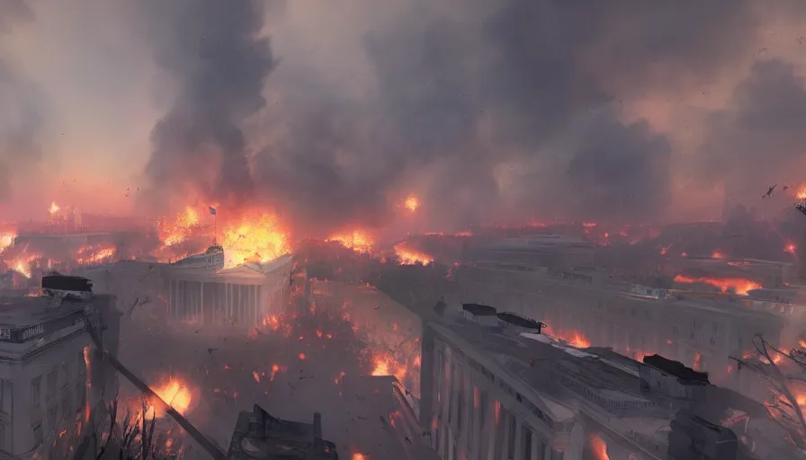 Prompt: world war 3 in washington dc, white house on fire, firing everywhere, hyperdetailed, artstation, cgsociety, 8 k