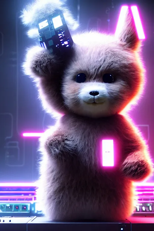 Image similar to high quality 3 d render very cute fluffy cyborg!! bear plays moog synthesizer, cyberpunk highly detailed, unreal engine cinematic smooth, in the style of blade runner & detective pikachu, hannah yata charlie immer, moody light, low angle, uhd 8 k, sharp focus